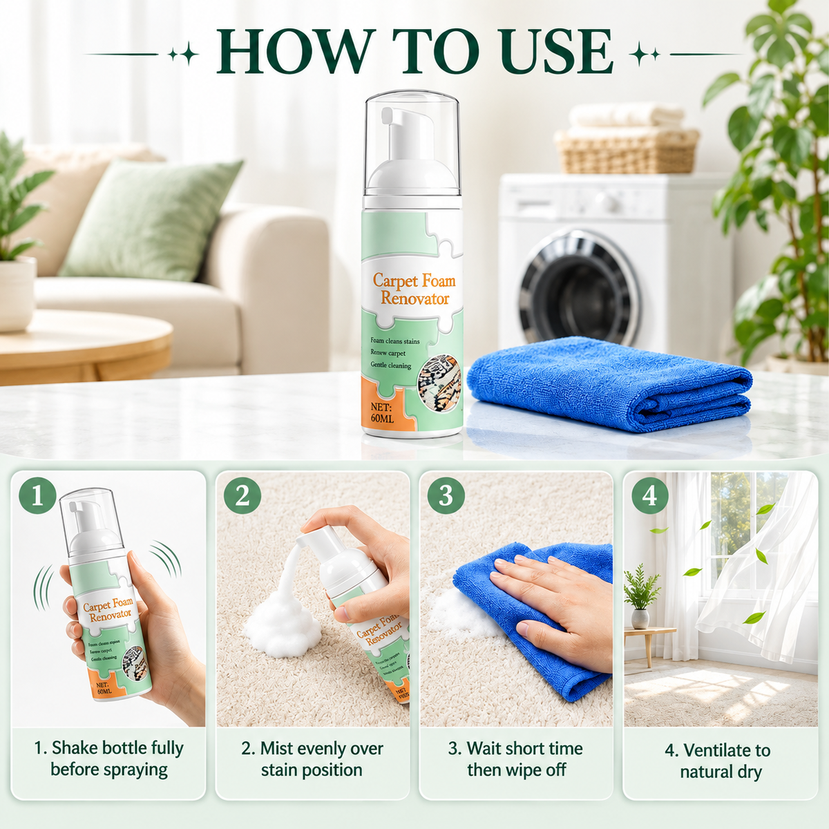 60ml Waterless Carpet Foam Stain Remover With Towel